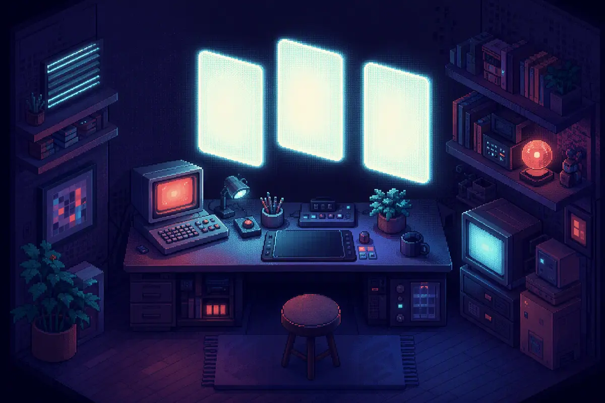 Pixel-art creative workbench with three glowing blank cards